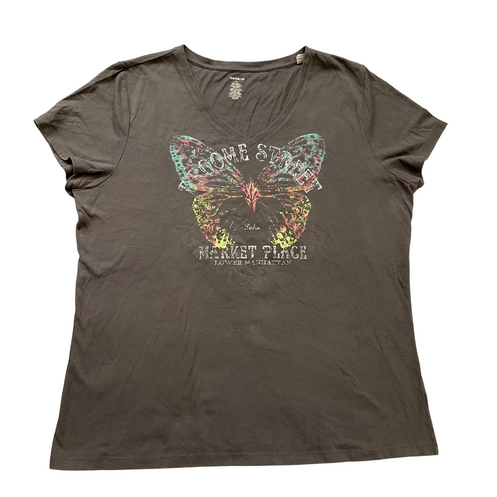 Wet Seal Y2K Broome St Soho Market Plc Butterfly Graphic V-Neck T-Shirt XL Brown